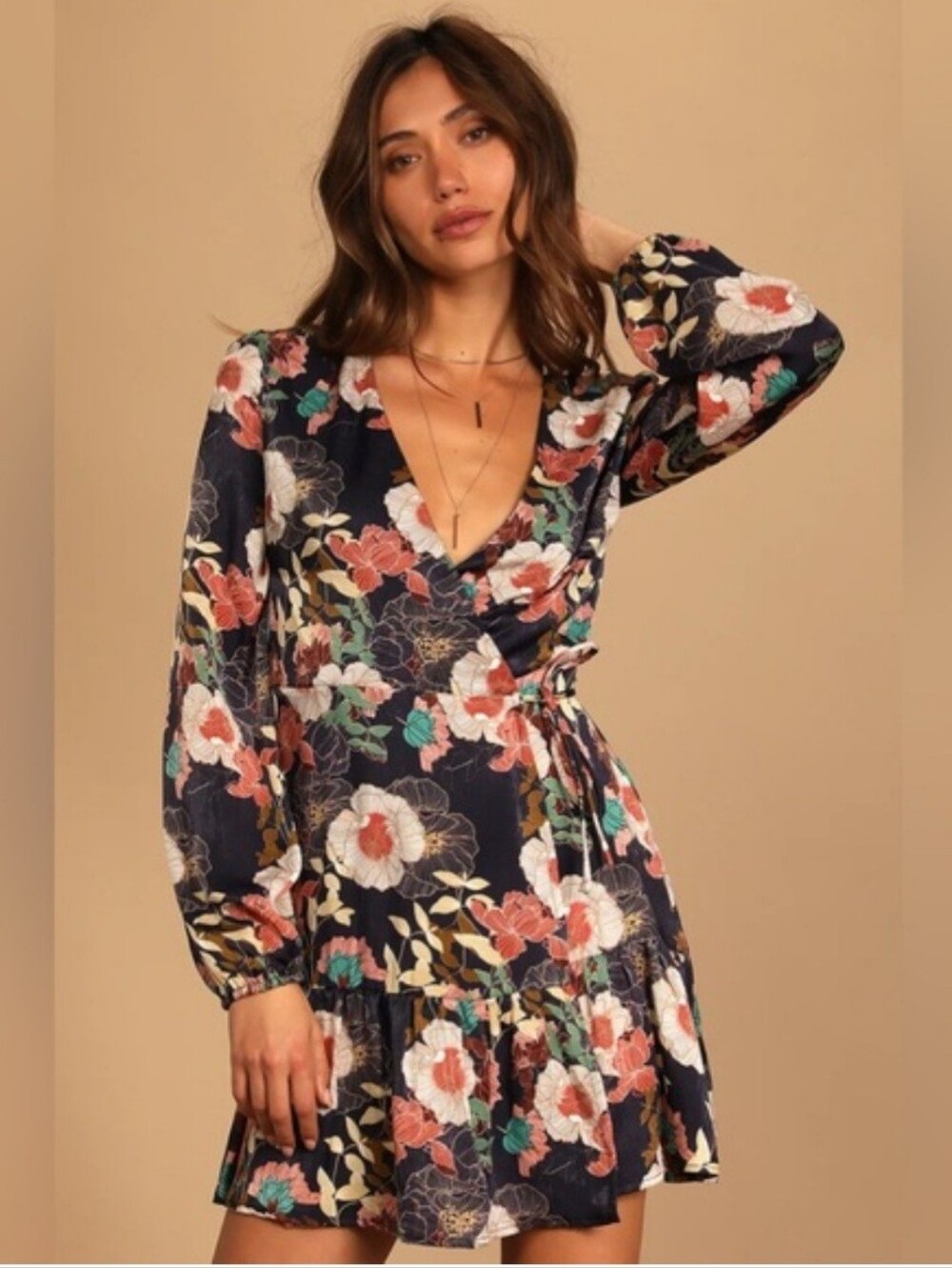 Lulu's Navy Floral Wrap Dress with Long Sleeves